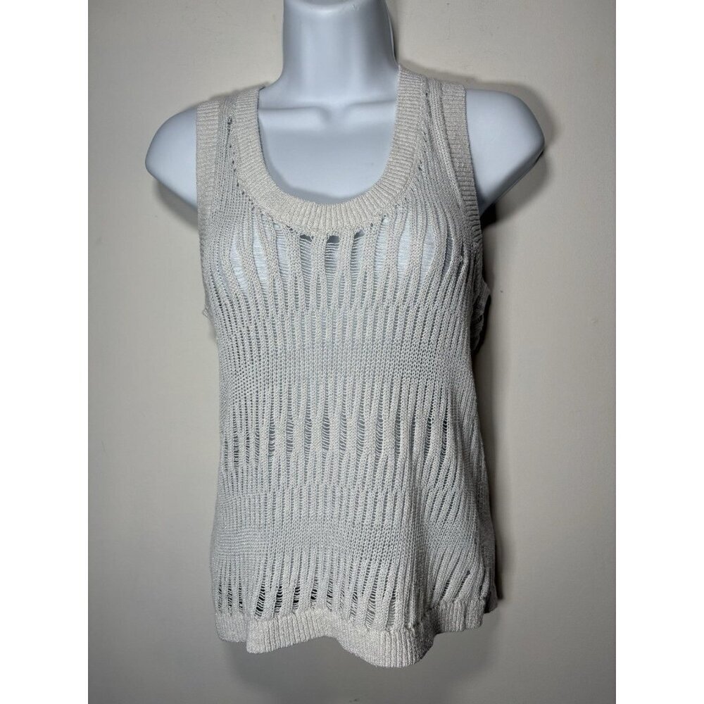 ZARA Size Small White Metallic Thread Open Knit Crochet Sleeveless Top Boho